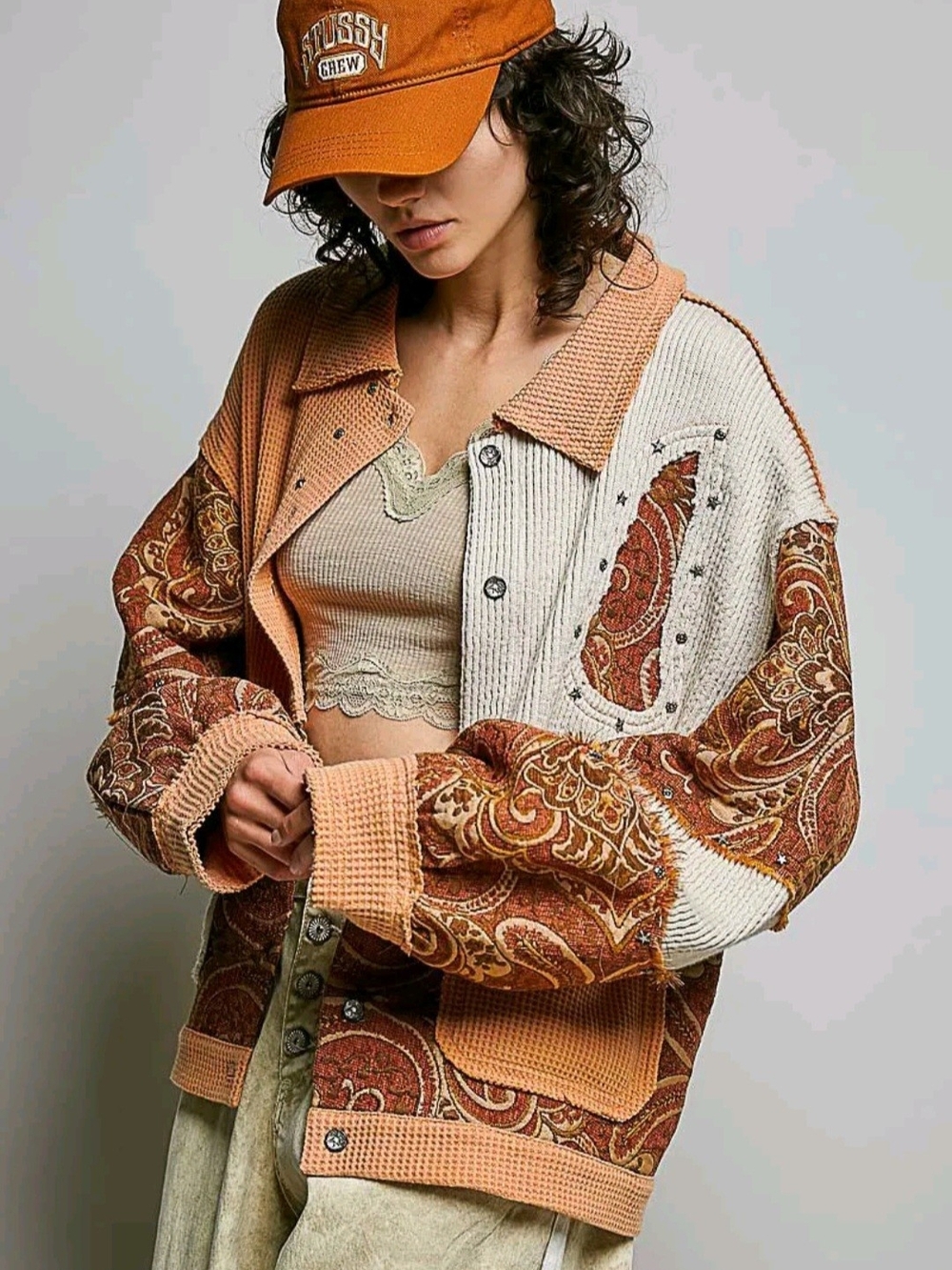 POL Patchwork Paisley Waffle-Knit Jacket in Orange, Cream, Brown NWOT